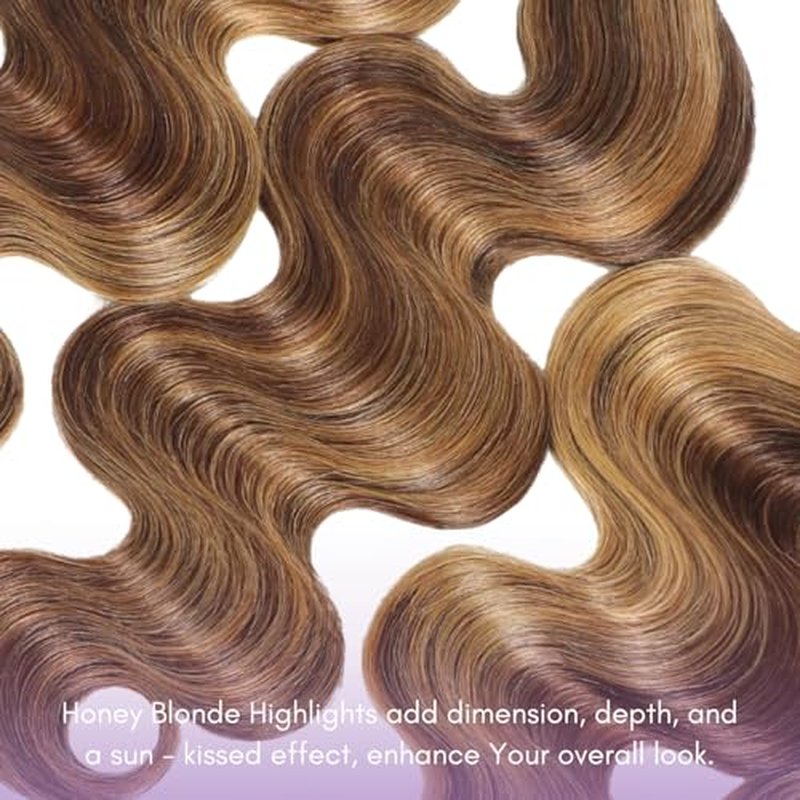 Honey Blonde Highlight Body Wave Bundles with Closure Human Hair, 12A 100% Thick Track Virgin Brazilian Wavy Weave P4/27 Ombre Brown Colored Bundles with 4x4 Closure Pre Plucked Remy 10 12 14+10