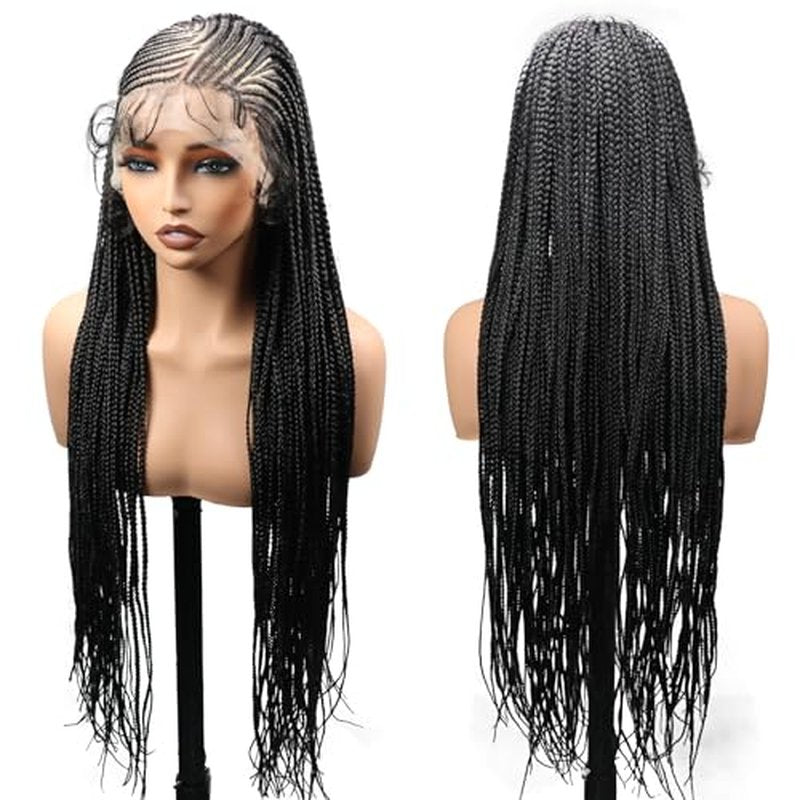 13X6 HD Lace Front Cornrow Braided Wigs for Women Knotless Braided Wigs 32" Box Braid Wig with Baby Hair Premium Synthetic Lemonade Braids Natural Looking Hair Black Braided Lace Front Wigs