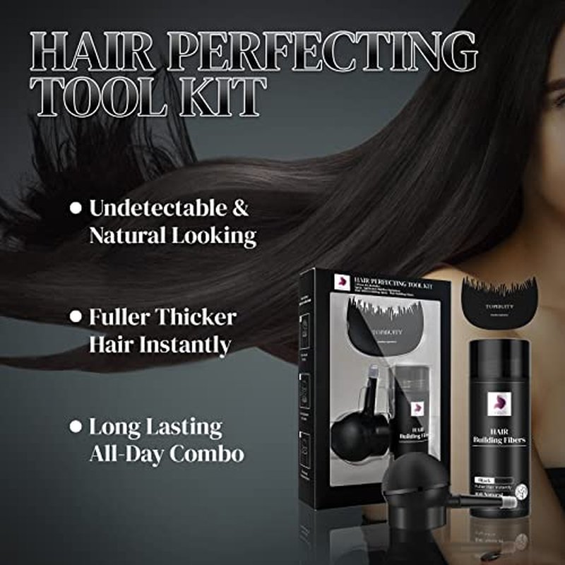 Hair Thickening Fibers & Applicator Set - Natural Long-Lasting Concealer for Fuller Hair, Thicker Beard & Crisp Hairlines (BLACK)