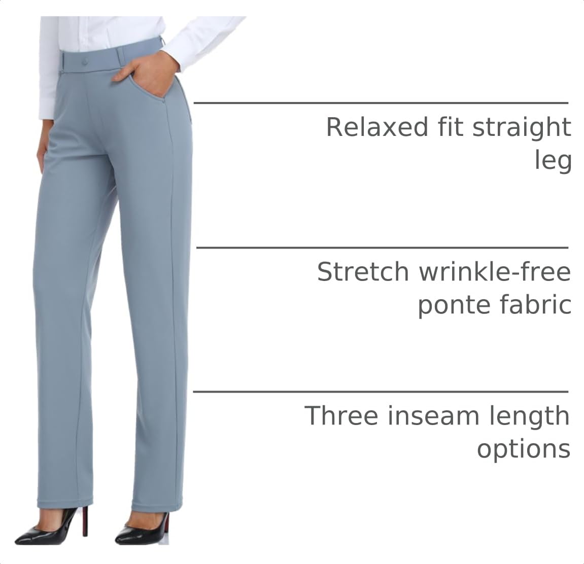 Oalka Women's Dress Pants Straight Leg Yoga Work Stretchy Pant for Office Business Denim Blue Long L