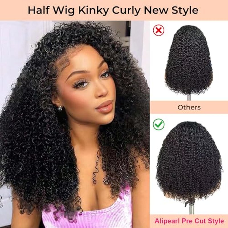 Ali Pearl Curly Half Wig Human Hair Real 180% Density Glueless Upgrade 3 IN 1 Half Wig with Drawstring Seamless Clip ins Flip Over Kinky Curly Human Hair for Beginner Friendly No Glue No Lace16 Inch