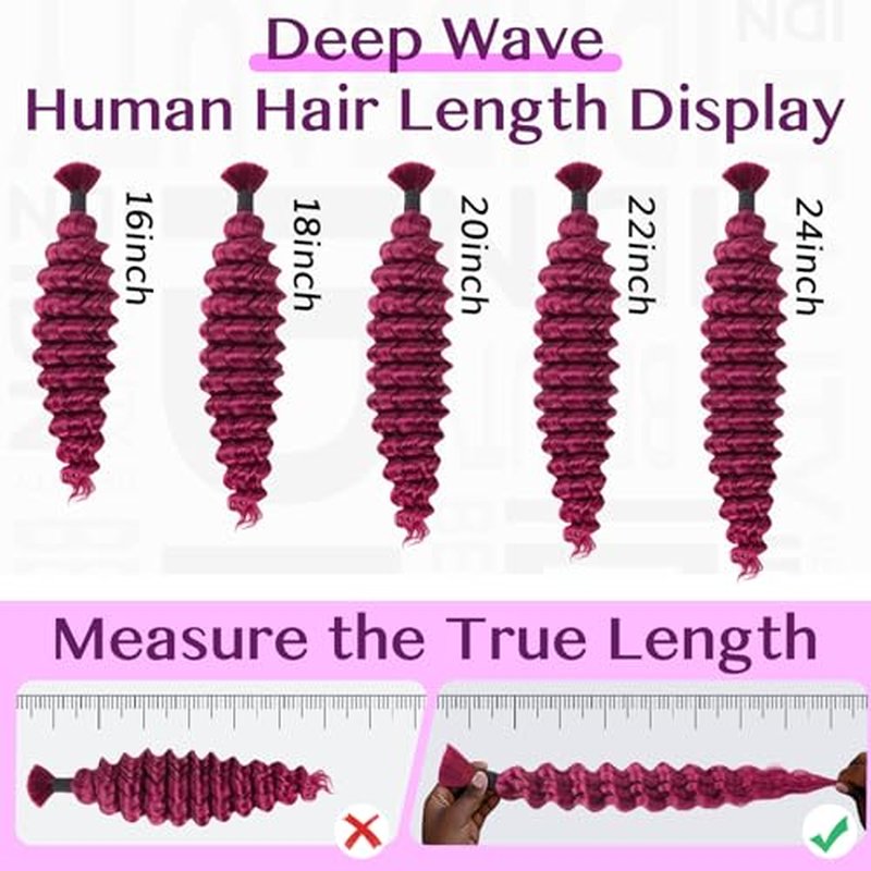 IDN BEAUTY Pre Divided Human Braiding for Boho Braids Hair Extensions, 24 Inch 100g 99J Burgundy Deep Wave Human Hair for Braiding Bohemian No Weft 12A Virgin Brazilian Wet and Wavy