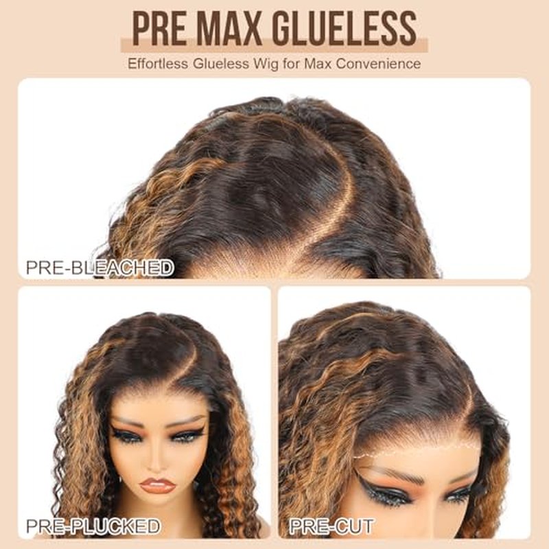 BLY Highlight Wear and Go Glueless Wig Water Wave Human Hair Wigs for Women 16 Inch 5x7 HD Lace Pre Cut Pre Plucked 2/30 Ombre Brown Colored Deep Wave Lace Front Wig 180% Density