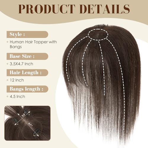 S-noilite Hair Toppers for Women with Bangs 100% Human Hair 360¡Æ3D Cover Clip in Wispy Bangs Short Topper Hairpieces for Women Dark Brown