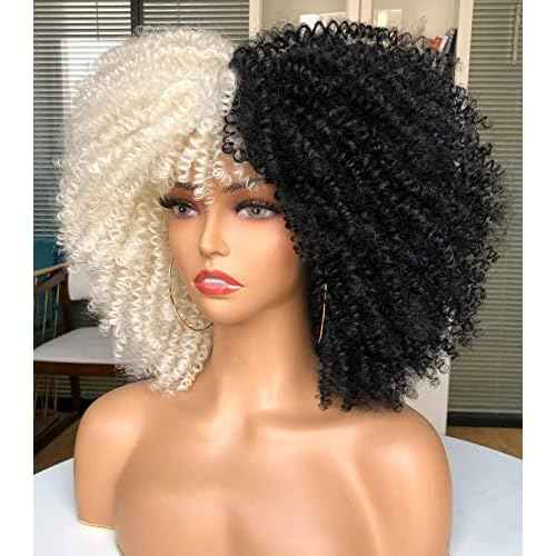 Curly Wig with Bangs for Black Women Short Kinky Curly Wig 14inch Afro Hair Halloween Party Christmas Cosplay Wigs (F1B/60)