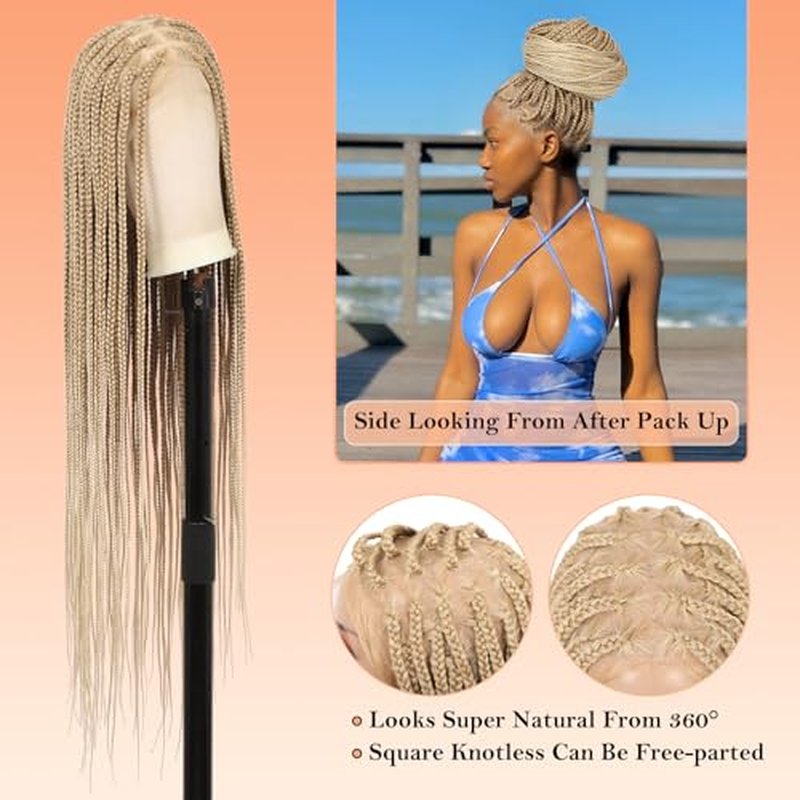 360¡Æ HD Full Lace Knotless Braided Wigs for Women Box Braid Wig with Baby Hair Braided Lace Front Wigs Premium Synthetic Braids Wig Long Blonde 36"