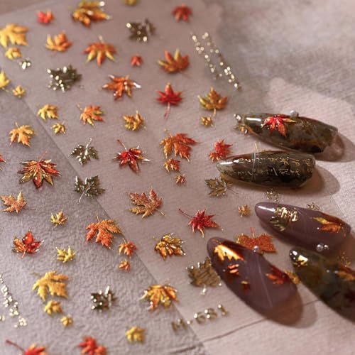 5D Embossed Autumn Maple Leaves Nail Stickers for Nail Art Thanksgiving Day Nail Art Stickers Fall Nail Decals Self-Adhesive Gold Maple Leaf Nails Sticker for Women Girls Nail Supplies