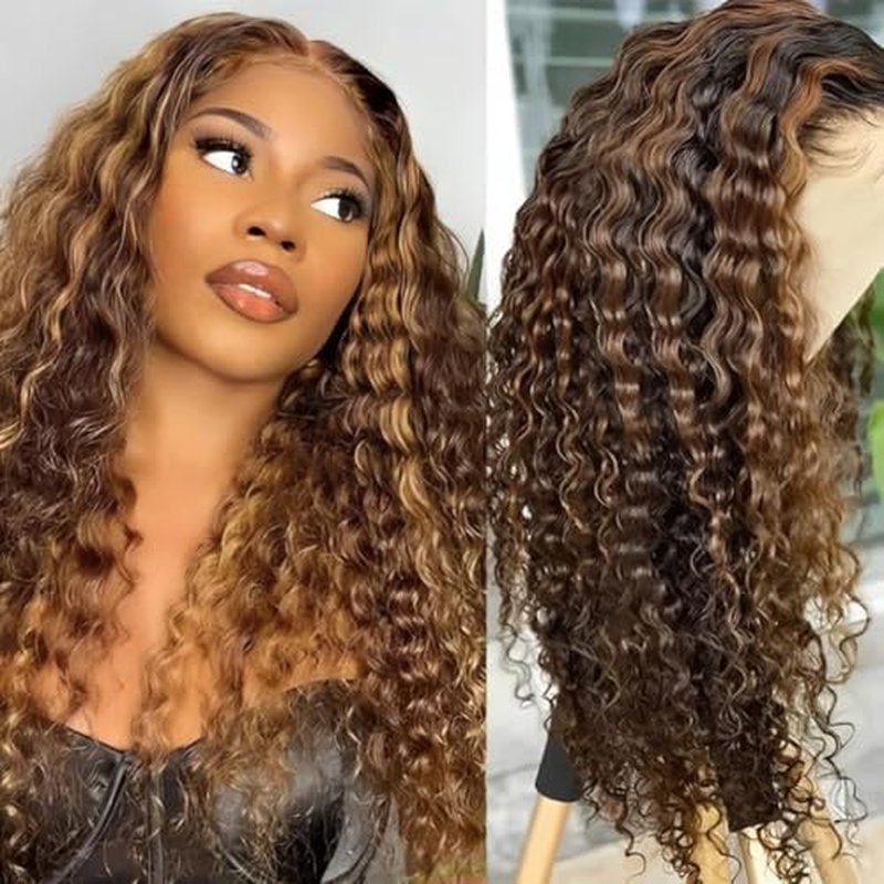 Honey Blonde Ombre Lace Front Wigs Human Hair Pre Plucked 13x6 HD Transparent 4/27 Highlight Deep Wave Wig 200% Density 26 Inch Omer Deep Wave Lace Front Wig with Baby Hair