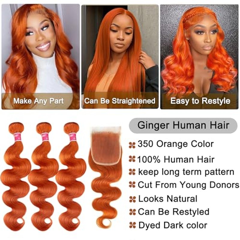 Ginger Bundles Human Hair With Closure Body Wave 14 16 18+14 In, 10A 350 Ginger Human Hair Bundles with 4x4 HD Closure Soft And Shed-Free 350 Copper Orange Body Wave Bundle