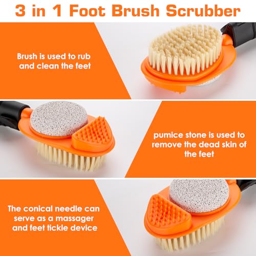 Foot Scrubber with Pumice Stone, 3 in 1 Adjustable Aluminum Tube 15¡±-28¡± Shower feet Dead Skin Remover, Foot Cleaning Brush for Seniors,Elderly, Disabled Men and Women