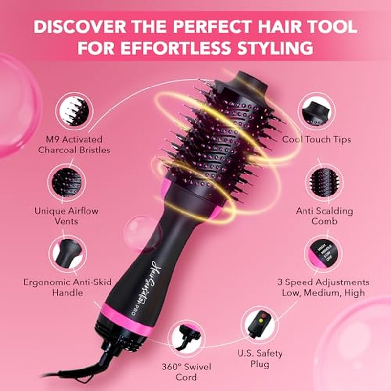 Blow Dryer Brush, 4 in 1 Styling Tools with ION Generator and Ceramic Coating for Fast Drying Hair Types, Pink