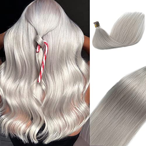 I Tip Hair Extensions Platinum Sliver Human Hair I Tip 100% Real Human Hair Extensions Sliver Silky Straight Extensions I Tips Human Hair Extensions for Women Invisible Cold Fusion Hair