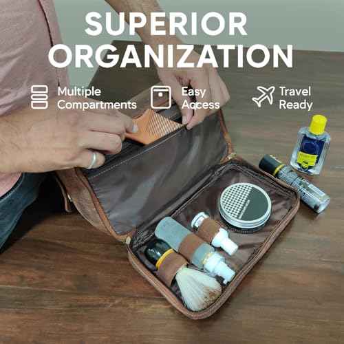 Leather Toiletry Bag for Men - Travel Shaving Dopp Kit - Bathroom Shower Toiletries Organizer - Cosmetic Make up Bag for Women