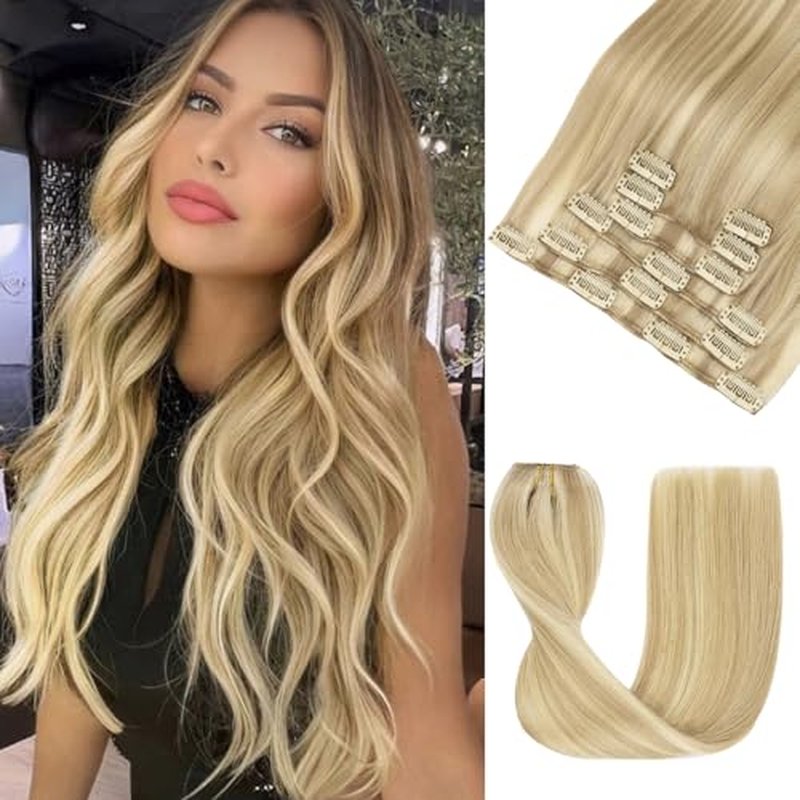 LOVELINE Clip in Hair Extensions Real Human Hair, 100% Remy Human Hair Extensions Clip Ins for Women, 7Pcs 20Inch 120g, Ash Blonde to Platinum Blonde