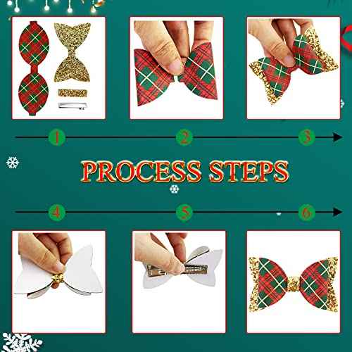 AOUXSEEM 24 Set Faux Leather Hair Bows Clips Making Kit for Beginner, Contains Pre Cut Printed Glitter Solid PU Synthetic Fabric, DIY Hair Clips for Women Girls Holiday decor (Christmas)