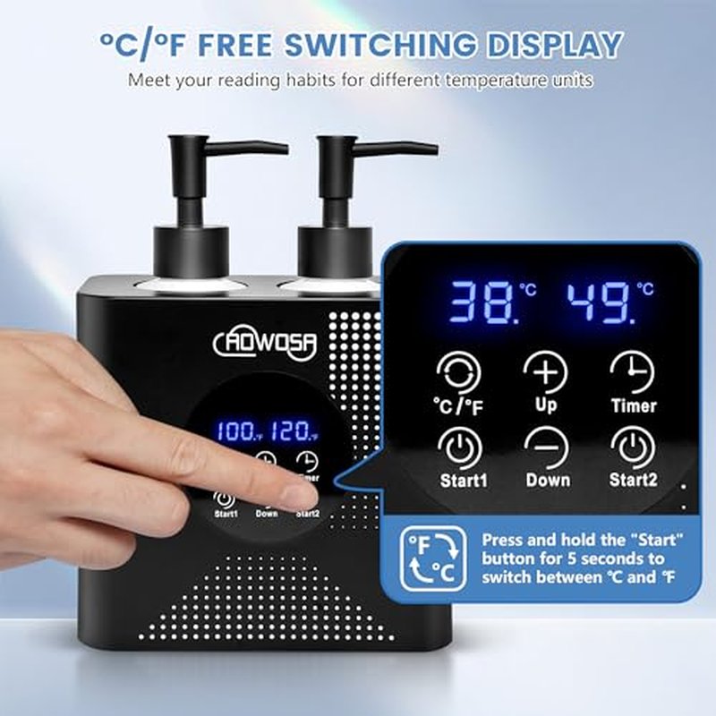 Massage Oil Warmer Double Bottle Professional Electric Lotion Digital Heater for SPA, Portable Oil Warmer Heated Cream for Beauty Salon Home, with ¡É/¢µ Switchable Display, Four Dispenser Bottle