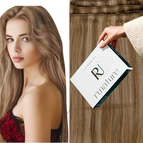 RUNATURE Weft Hair Extensions Human Hair Dark Blonde with Light Blonde Weft Human Hair Extensions Straight Sew in Hair Extension Real Human Hair Wefts Sew in Bundles Human Hair Weaving 14 Inch 100g