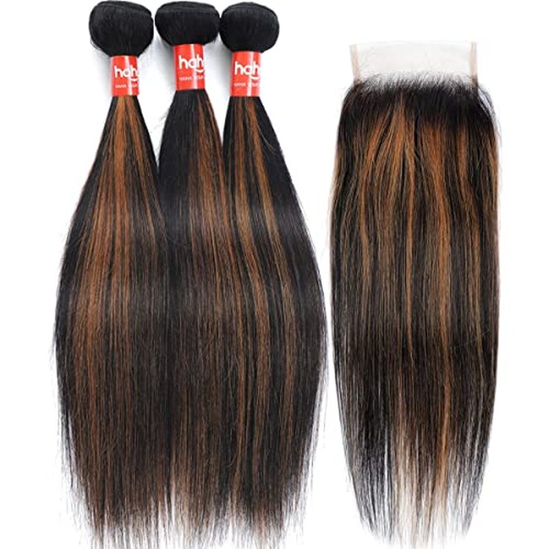 Haha Brown Highlight Human Hair Bundles With Closure Straight Ombre Bundles With Closure Colored Balayage 10A Remy Virgin Hair Weave 3 Bundles With 4x4 Lace Closure Free Part 12 12 12+10 Inch #FB30