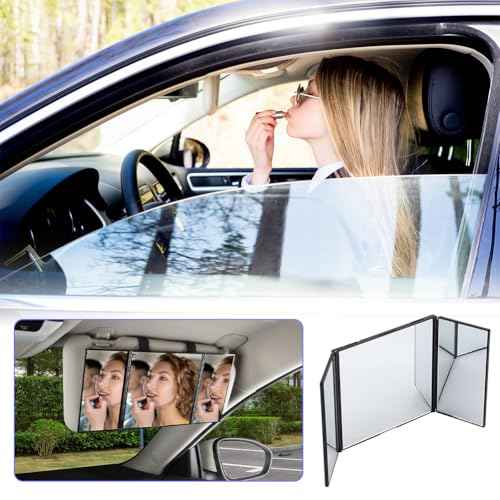 Joyzan Foldable Makeup Mirror, Car Trifold View Mirror Folding Visor Vanity Tri Fold Portable High Definition Cosmetic Travel Sun Universal Hook Loop Home Auto Truck SUV Clip On Rear Women Girl