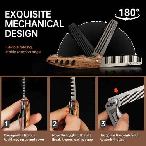 1PC Small Folding Pocket Beard & Mustache & Hair Styling Comb for Men - Metal Tactical Grooming Tool with Wooden Handle, with 180¡Æ Rotatable for Outdoor Travel & Home Use - Length 6.57inch