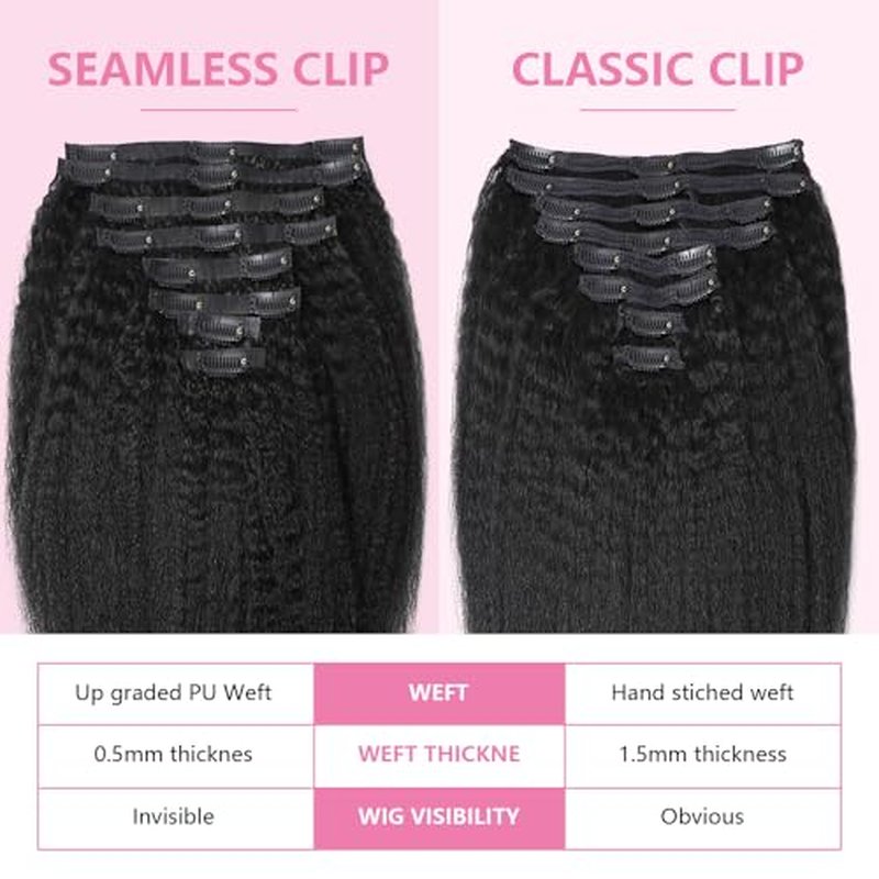 Seamless Clip In Hair Extensions Human Hair Kinky Straight 22inch 120g 8pcs Seamless Clip Ins For Black Women Real Human Hair Extensions Full Head kinky clip ins Invisible Pu Skin Weft Natural Black