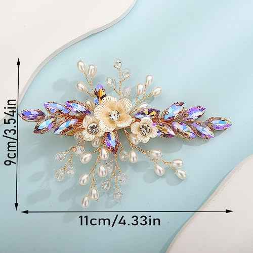Teyglen Crystal Bridal Hair Clip Wedding Flower Green Rhinestone Hair Clips Handmade Pearls Crystal Hair Pieces Barrette Wedding Hair Accessories for Bride Floral Flower Headpieces for Women Girls