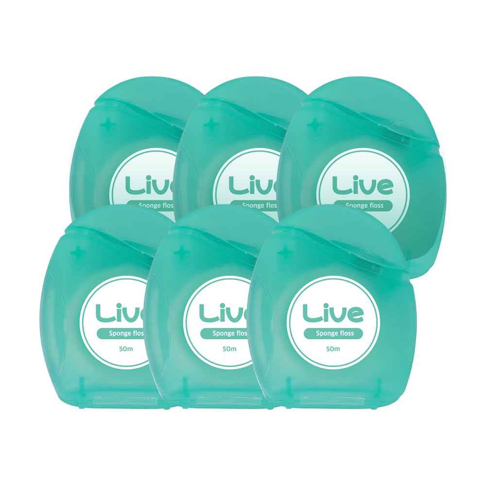 LiveOrals Live Sponge Dental Floss – 164ft (50m) Pack of 6, PFAS-Free, Non-Toxic Wax, Expanding 3D Mesh for Gentle & Effective Cleaning Between Teeth