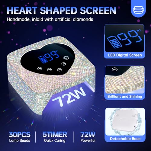 UV LED Nail Lamp 72W Rechargeable Sparkly Wireless Nail Dryer Gel Polish Light with 5 Timer Setting Professional Quick Dry Curing Lamp with Display Auto Sensor for Salon & Home