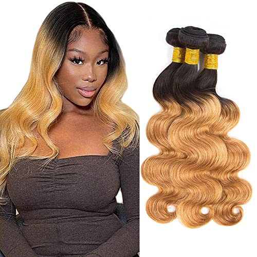 1B27 Ombre Body Wave Bundle Blonde Human Hair 3 Bundles 100% Unprocessed Virgin Hair Brazilian Double Weft Extensions Blonde Color 8 10 12 Inch For Women