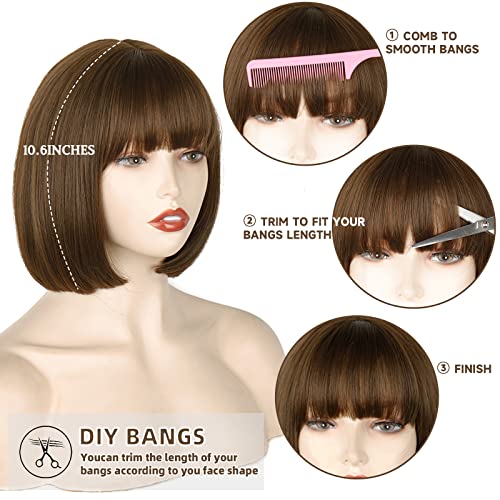 WERD Short Brown Bob Wig with Bangs,10 inch Brown Straight Bob Wig for Women Heat Resistant Fiber for Cospaly Velma