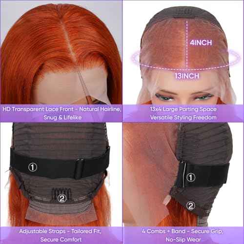 Ginger Orange Bob Lace Front Wigs Human Hair 13x4 HD Transparent Lace Frontal Wigs Pre Plucked Short Bob Wig Straight Wig with Baby Hair #350 Natural Hairline for Black Women 180% Density 10 Inch