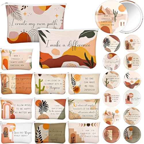 Kacctyen 24 Pcs Positive Affirmation Gift Set 12 Inspirational Canvas Makeup Bags 12 Daily Affirmations Mirrors Bulk Employee Appreciation Gifts for Women Stress Relief Self Care Gift(Bohemia)