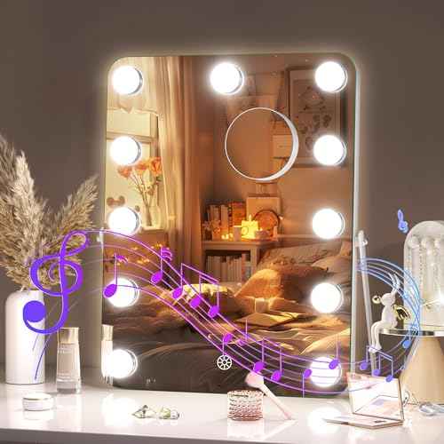 Hasipu LED Makeup Mirror with Bluetooth Speaker, 11" x 14" Hollywood Vanity Mirror with Lights, Rounded Rectangle White Frame, 3 Modes Light, Smart Touch Control Dimmable, 360¡ÆRotation