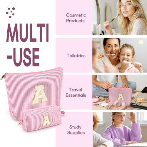2 PCS Initial Makeup Bags for Women: Cosmetic Bag for Travel Toiletry - Birthday Gifts for 11 12 13 14 15 16 17 18 Years Old Girl Graduation Teacher Gift- Teen Girl Gifts Trendy Stuff - Pink A