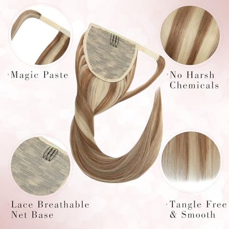 Ponytail Extensions Human Hair Long Ponytail Hair Extensions with Magic Paste Wrap Around Clip in Ponytail Extensions Real Human Hair,18inch #12P613 Golden Brown mixed Bleach Blonde,90g