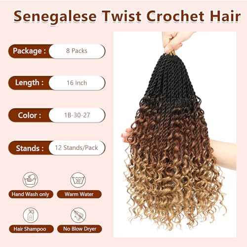Senegalese Twist Crochet Hair with Curly Ends - 16 Inch Boho Island Twist Crochet Hair 8 Packs Boho Goddess Twist Crochet Hair Pre Looped Crochet Twists with Curly Ends(16(8Packs), 1B/30/27)