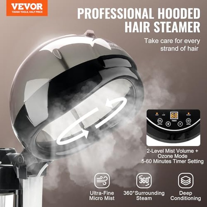 VEVOR Professional Hair Steamer for Deep Conditioning, 11.81-inch Hooded Ionic Hair Steamer with 2 Modes, Height-Adjustable Standing Hair Steamer with Timer, 5 Wheels (2 Lockable) for Salon Home Spa