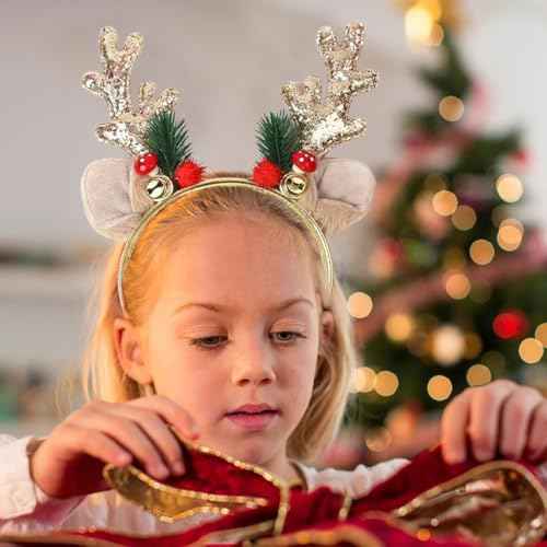 SARATA Christmas Headbands for Women Glitter Powder Bell Hair Hoop Elk Hair Band Reindeer Antlers Headband Women Girls Hair Access Headdress for Party 1PCS (Golden)