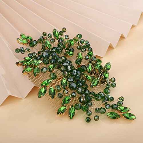 Green Crystal Rhinestone Hair Comb, Handmade Fashion Jewelry Hair Accessory for Women and Girls, Teardrop Rhinestone Headband with Green Beads, Size 15*10CM, Ideal for Wedding and Parties