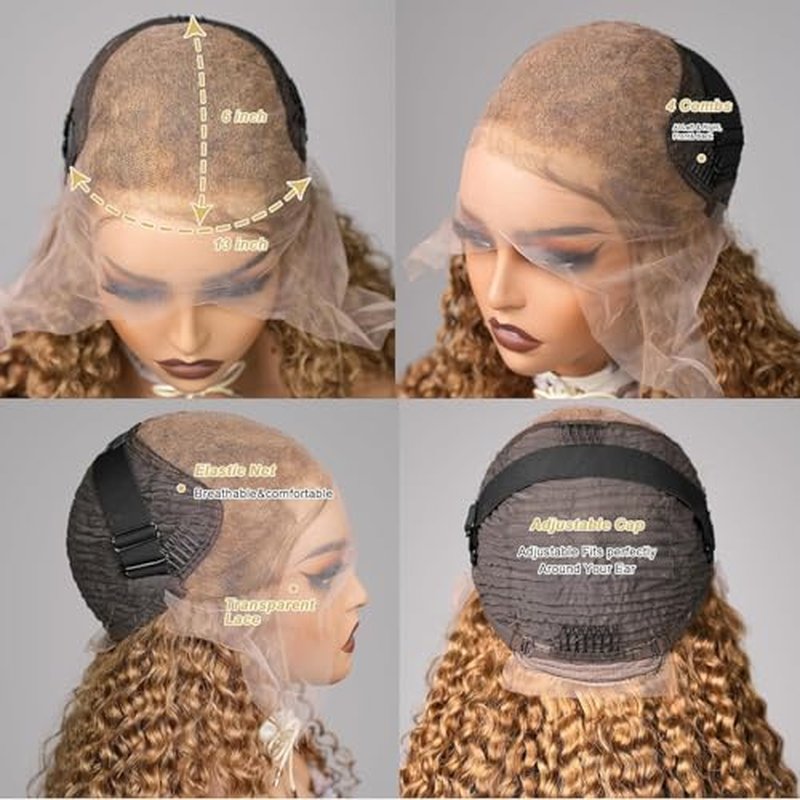 13X6 Honey Blonde Wig Human Hair 27#Color Deep Wave Lace Front Wig Human Hair Pre-Plucked Curly Blonde HD Lace Front Wig 180% Density For Women(starxiu)