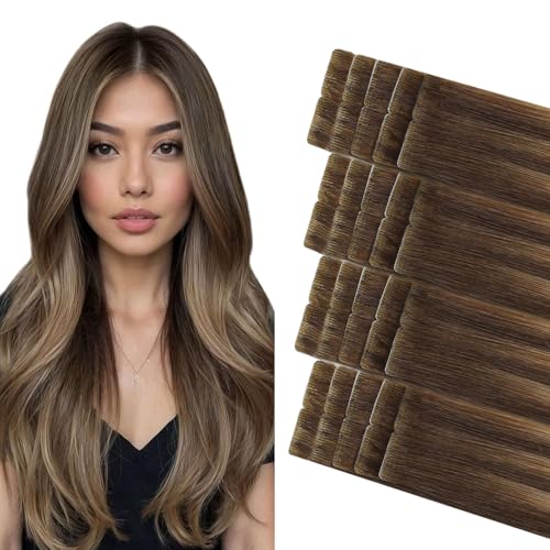 COOKAYU Injected Tape in Hair Extensions Human Hair,Medium Brown to Caramel Blonde Invisible Human Hair Tape in Extensions Seamless 20pcs 30g 14Inch