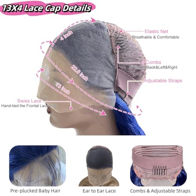 26 Inch Drak Blue 13x4 Body Wave Lace Front Wigs Human Hair 180 Density Glueless HD Transparent Lace Frontal Wigs Human Hair Pre Plucked With Baby Hair Blue Wigs For Women