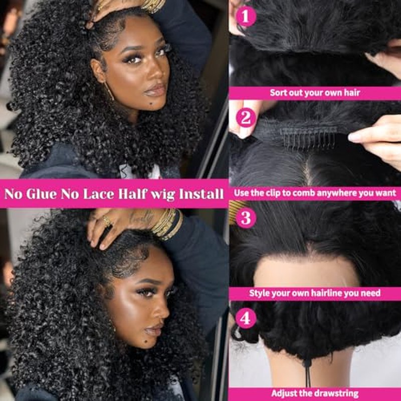 Curly Half Wig Human Hair 200% Density 3 In 1 Seamless Flip Over Half Wigs Human Hair Glueless Wear and Go Beginner Friendly Water Wave Half Wig Human Hair Drawstring Headband Wig for Women 22 Inch