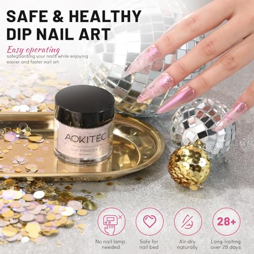 Aokitec Starry Pink Glitter Colors Dip Powder, 1OZ Glitter Pink Dip Powder for French Manicure Nail Starter & Professional Home DIY Salon Use Shinny Dip Nails Long-lasting 28 Days