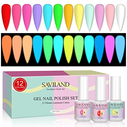 SAVILAND Glows in The Dark Gel Nail Polish Set - 12 Halloween Colors Luminous Neon Nail Gel Polish Set Soak off U V/LED Glow Effect Nail Polish for DIY Nail Art Design Holiday Gifts for Women