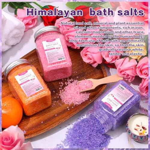 Bath Salt 3 Pack Kit Himalayan Pink Salt Foot Soak Lavender Orange Rose Scent Tea Tree Oil Epsom Salt Bubble Bath for Women Dead Sea Salt Moisturizing Skin Softens Calluses Mom Bath Sea Salt