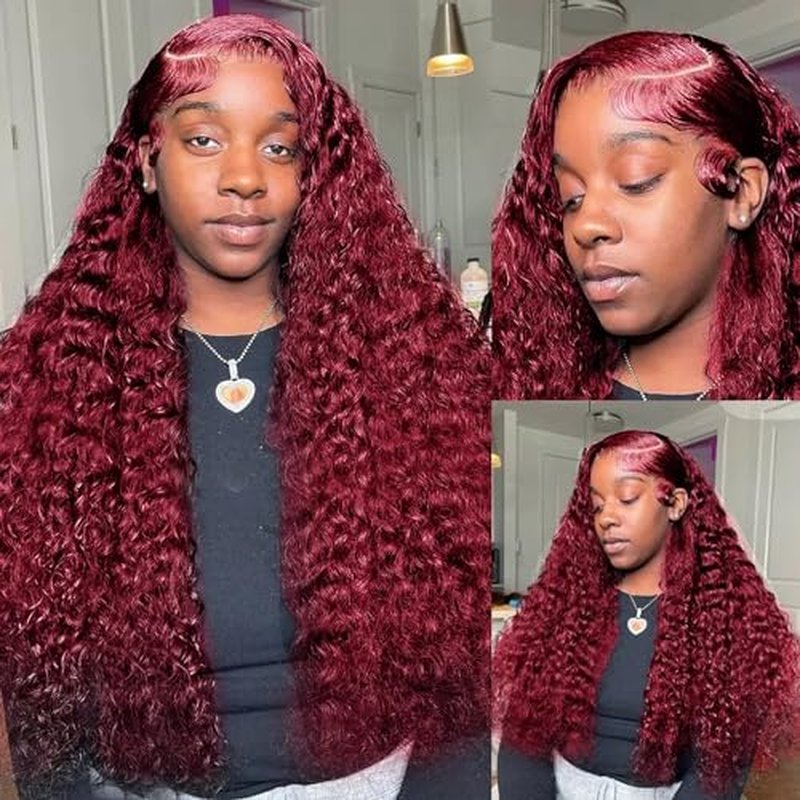 99j Burgundy 13x5 Deep Wave HD Lace Front Wigs Human Hair Pre Plucked Colored Curly Human Hair Wig Glueless Deep Curly Lace Frontal Wigs Red Human Hair Wigs for Women 180% Density £¨22 Inch£©