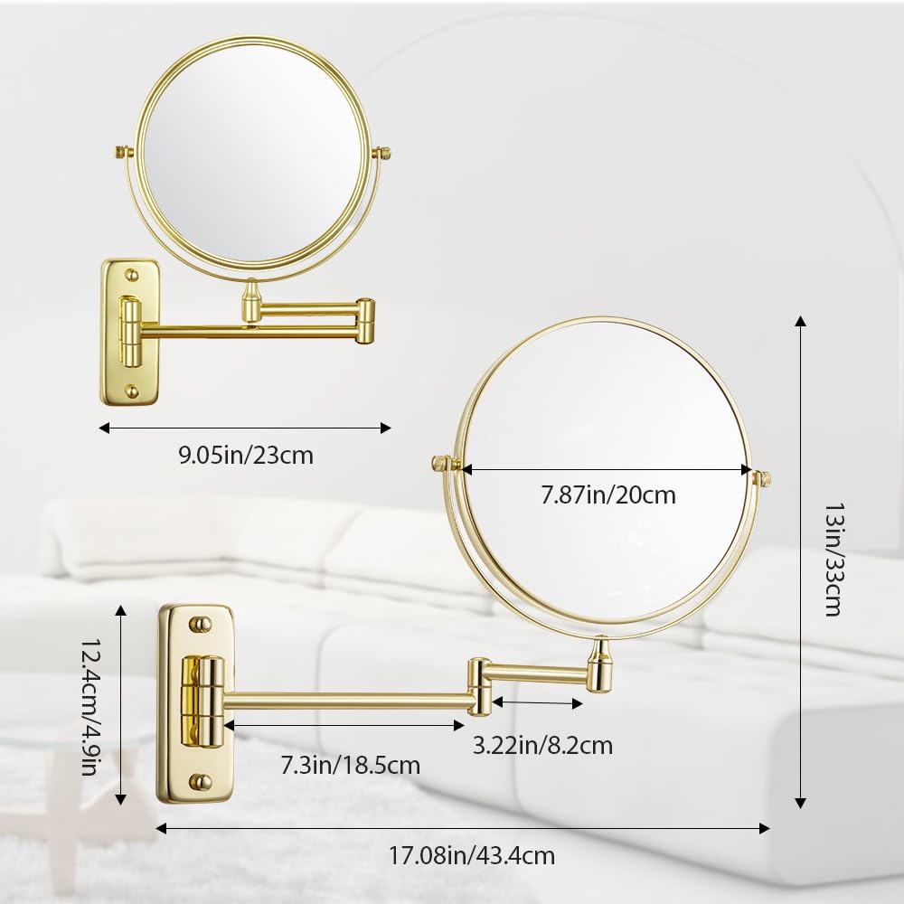 Cerdeco 8 Inch 1X/5X Double Sided Makeup Wall Mount Mirror with Gold Plated Finish 360 Swivel Extendable Cosmetic Shaving Mirror