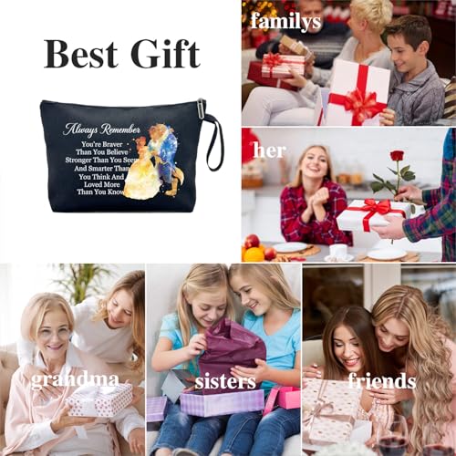 You Are Braver Stronger Funny Canvas Zipper Makeup Bag, Travel Accessories Storage Toiletries Bag, Beauty Beast Inspired Gifts, Gifts for Beauty Beast Movie Fans Sister Friend Daughter