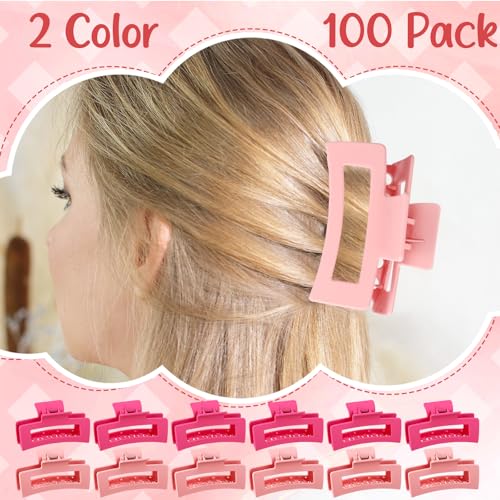 XunYee 100 Pcs Hair Claw Clips Bulk Large Square Jaw Headwear Clips Set for Women Nonslip Rectangle Hair Accessories Clip for Girl Women Gifts Beauty(3.4'',Frosted Bright)